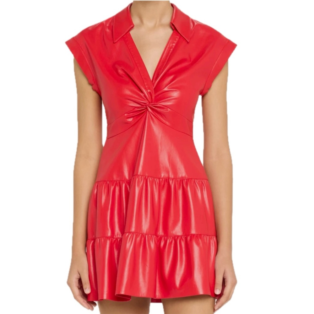 ALICE + OLIVIA Mila red Vegan Leather Deep V Twist-Front Mini Dress 10 - Picture 6 of 16